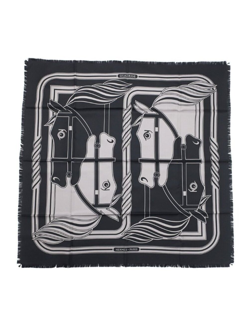 Hermes Carre H 80 Cadriage Fringe Scarf Silk Black Gray